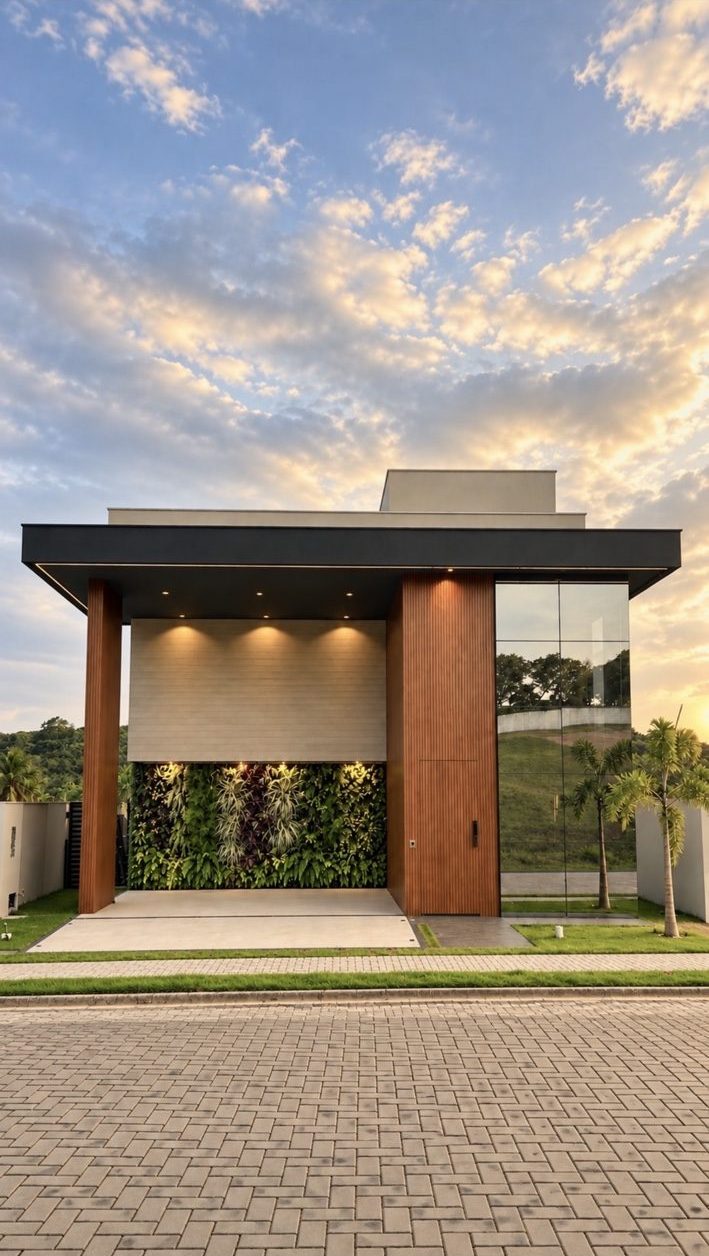 Fachada residencial com madeira, vidro, jardim vertical e céu ao entardecer